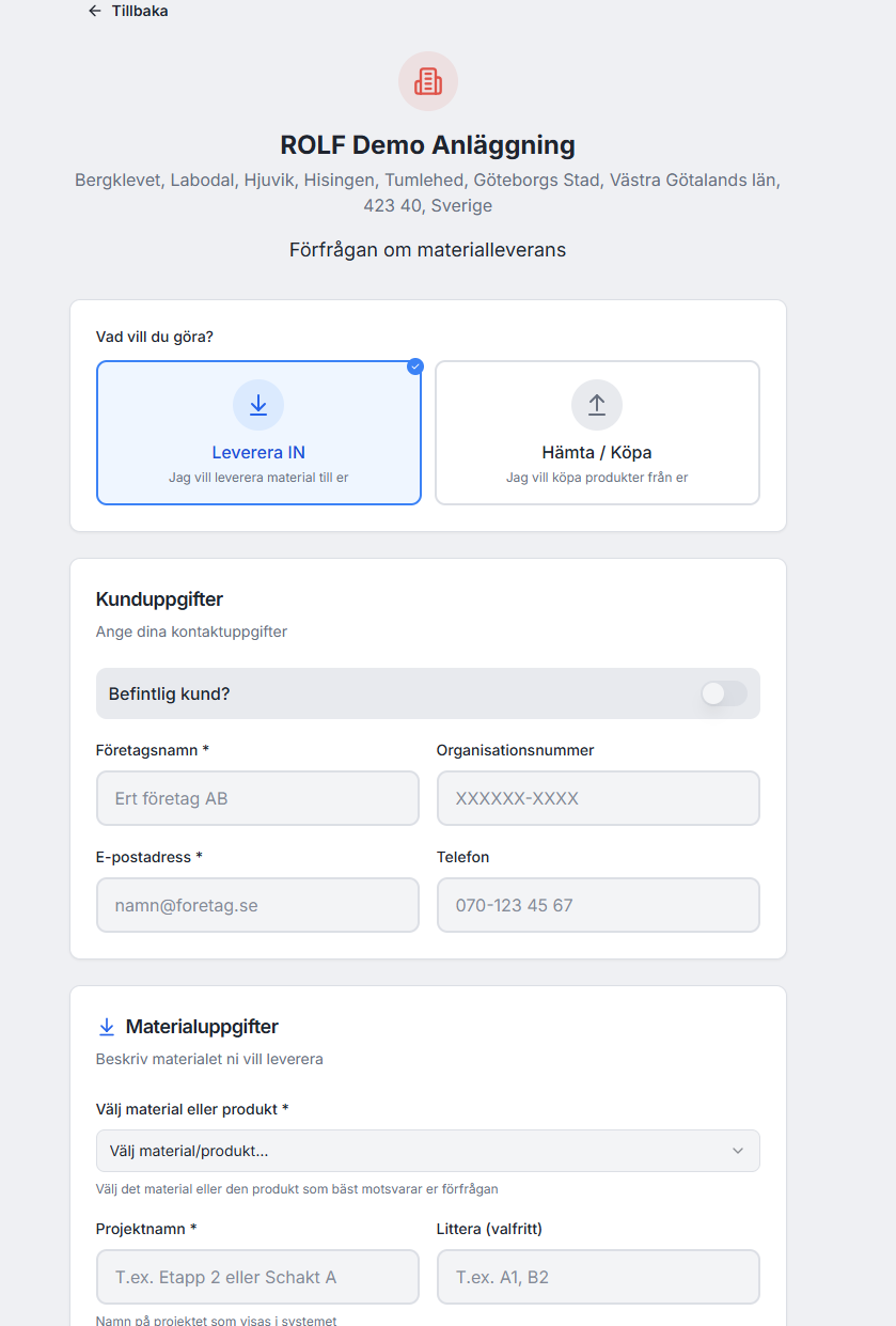 Example of Pinpointer's request portal for a receiving facility