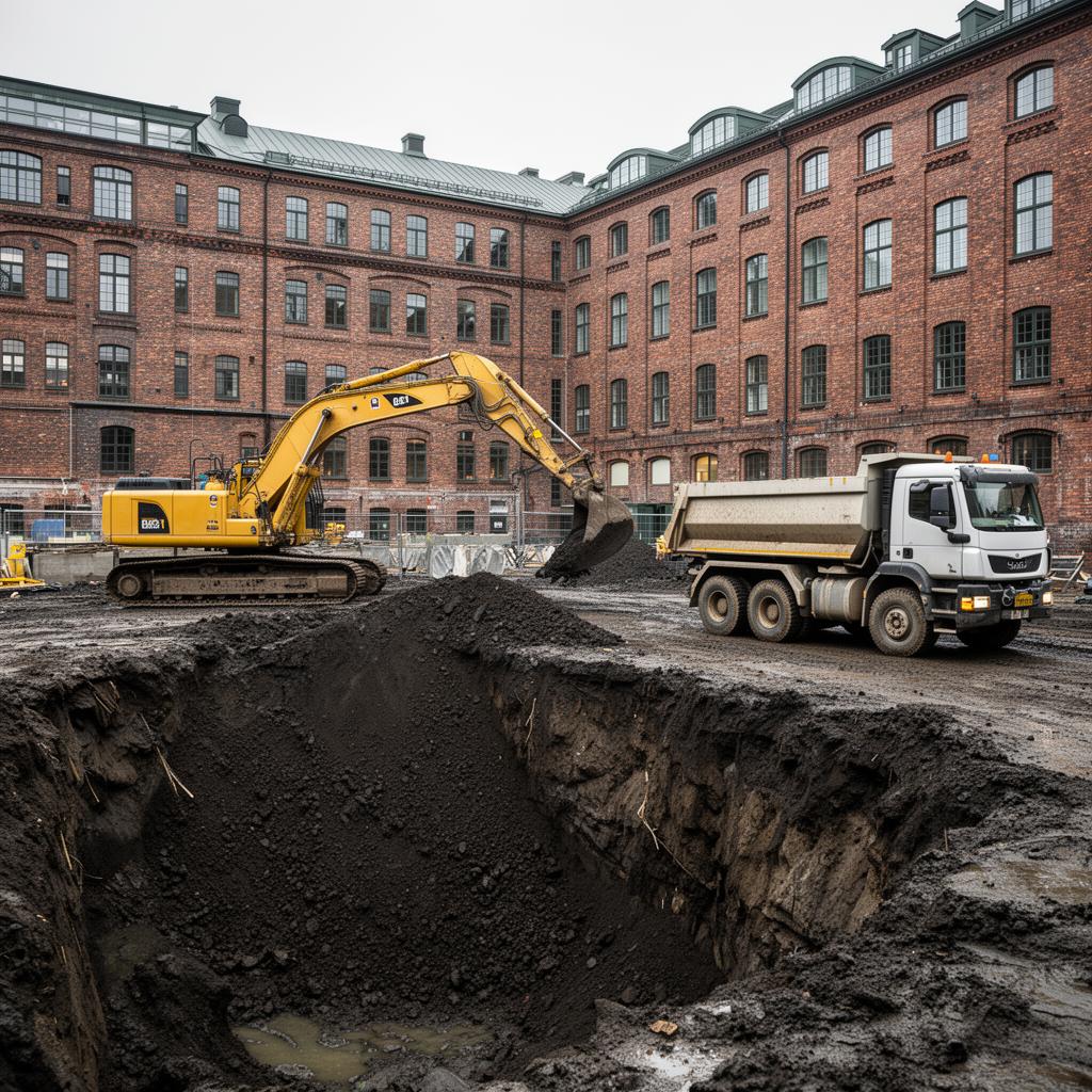 Schaktning av massor i tät stadsmiljö
