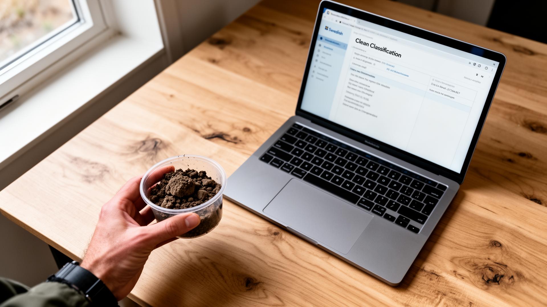 Jordprov bredvid laptop som visar klassificeringsrapport