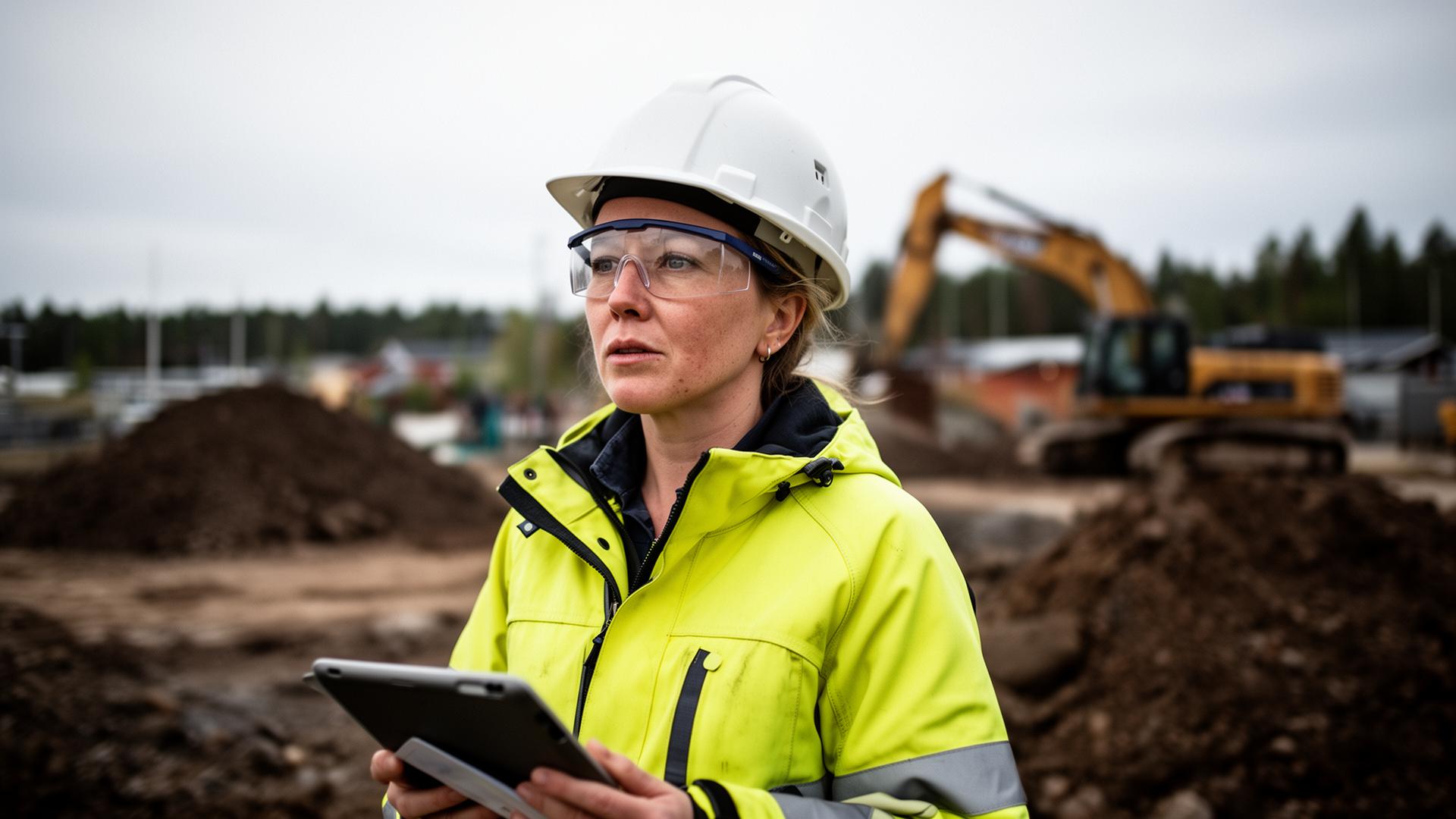 Konsult granskar projektunderlag på byggarbetsplats