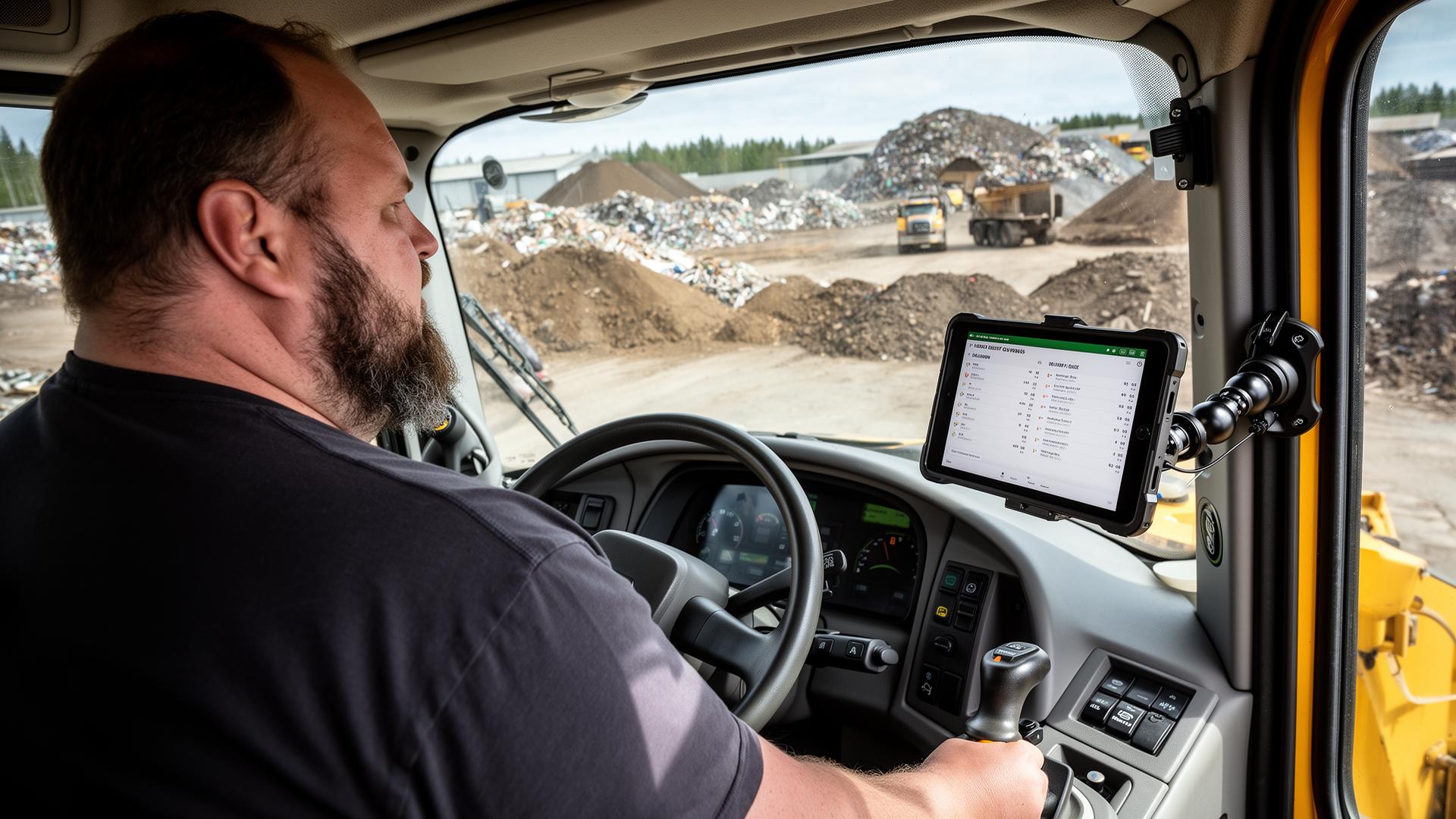 Machine operator in cab using the Pinpointer app for delivery queue and classification