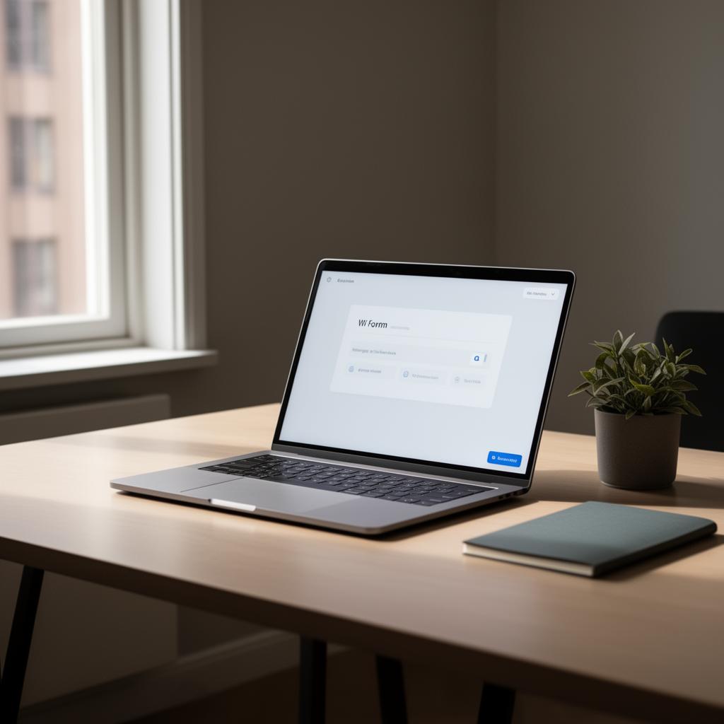 Modern Nordic office with laptop and form interface