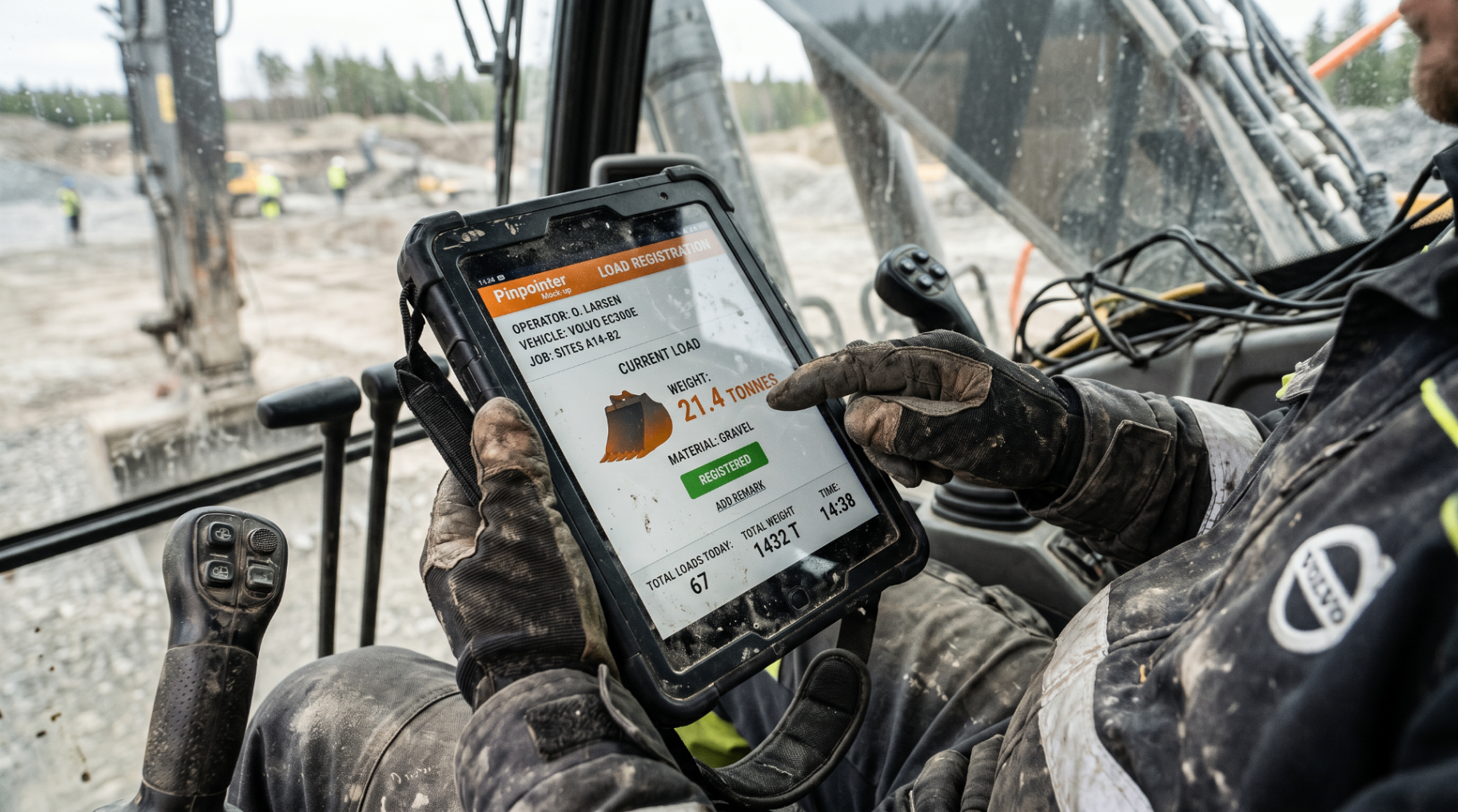 Machine operator using the Pinpointer app in an excavator cab